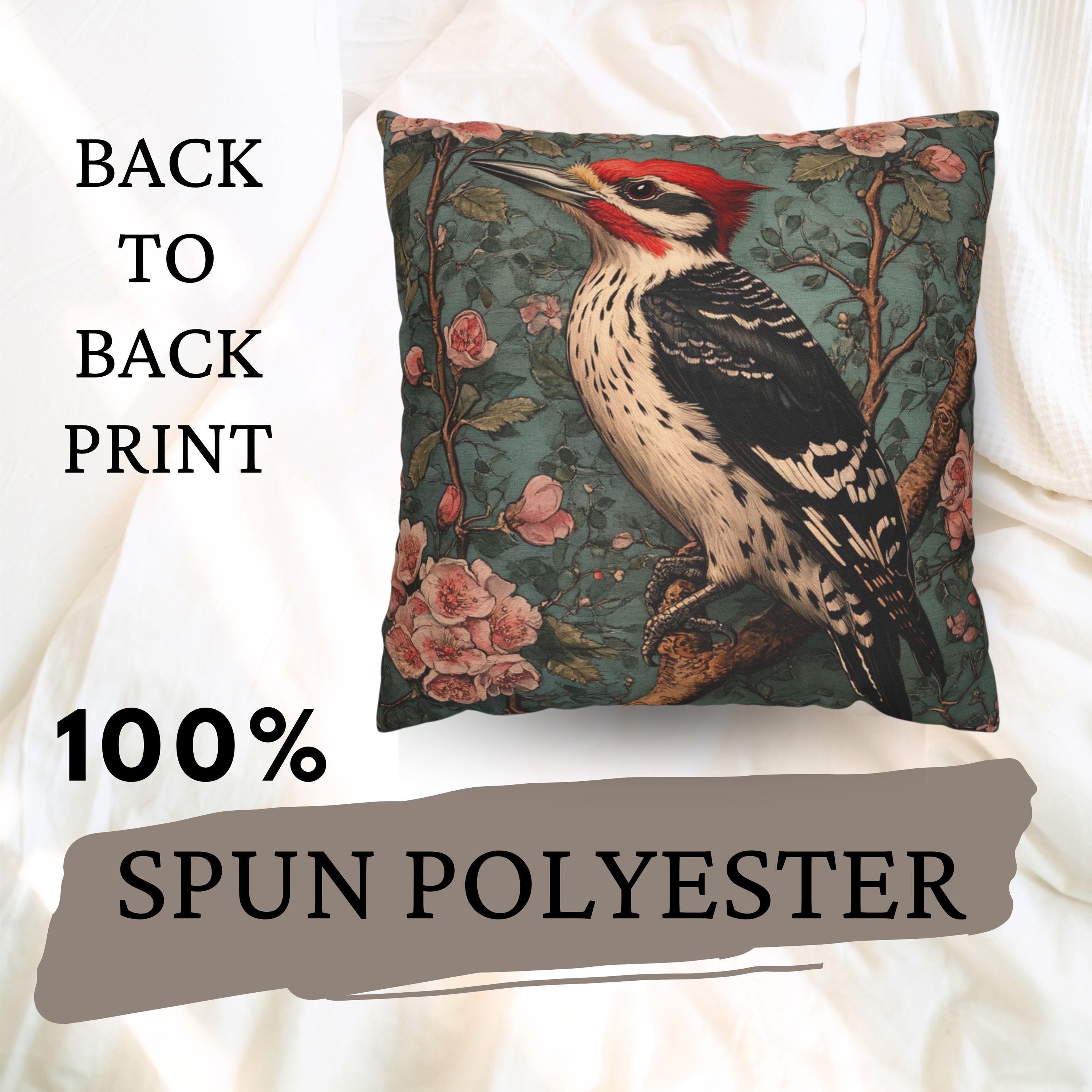 Vintage Woodpecker Floral Pillow, William Morris Style Cushion, Victorian Bird Art Accent, Cottagecore Home Decor, Rustic Botanical Decor