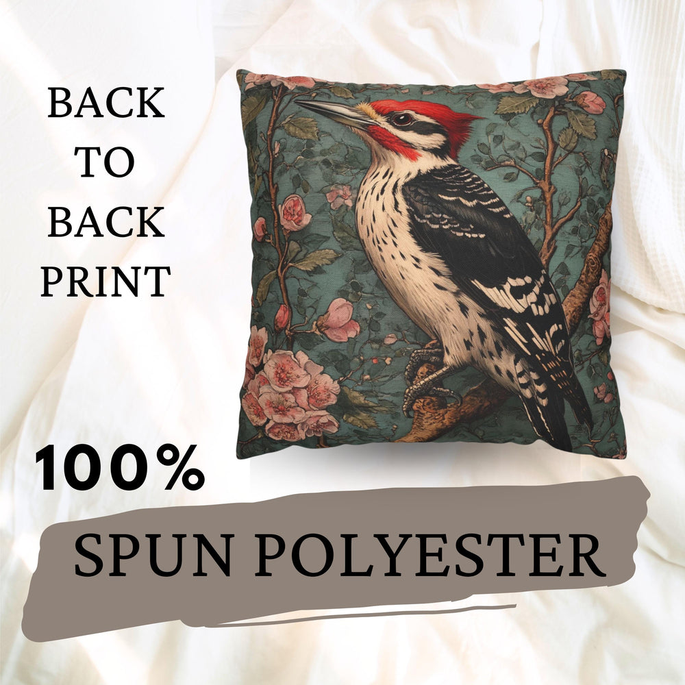Vintage Woodpecker Floral Pillow, William Morris Style Cushion, Victorian Bird Art Accent, Cottagecore Home Decor, Rustic Botanical Decor