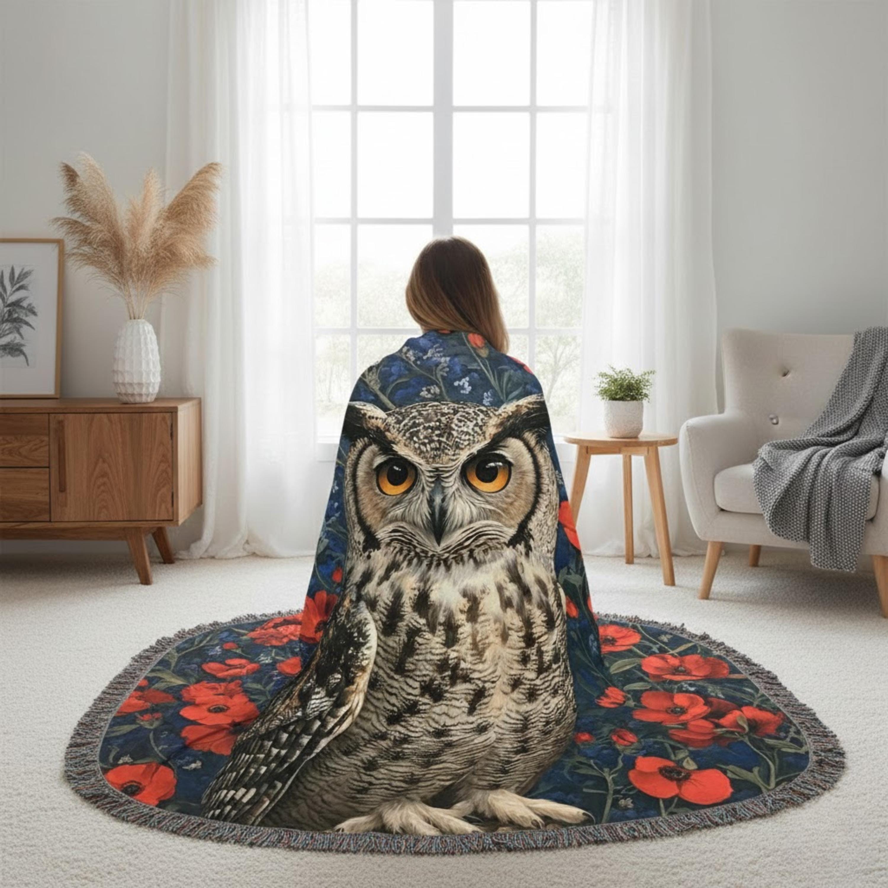 Owl Woven Blanket, Woodland Bird Throw, Floral Tapestry Wall Hanging, Cozy Sofa Blanket Gift, Enchanted Forest Decor Accent