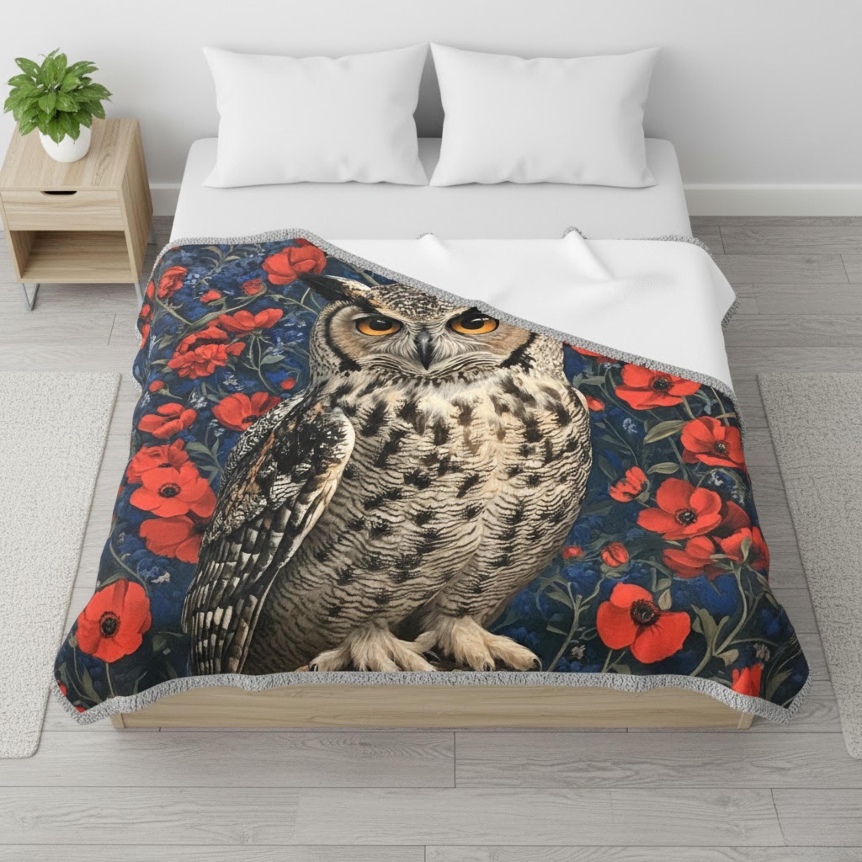 Owl Woven Blanket, Woodland Bird Throw, Floral Tapestry Wall Hanging, Cozy Sofa Blanket Gift, Enchanted Forest Decor Accent