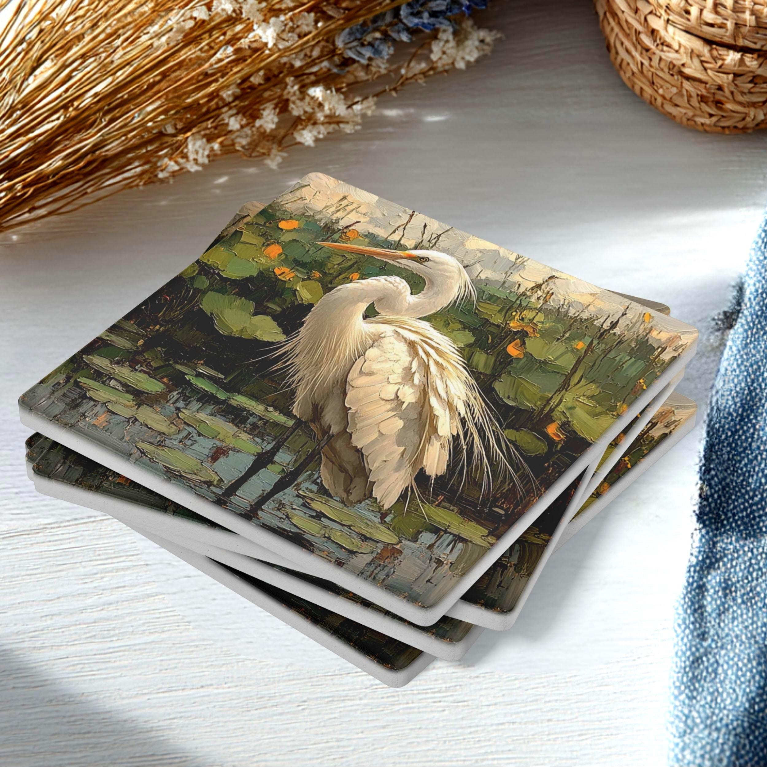 White Egret Pond Coaster Set of 4, Nature-Inspired Bird Art Coasters, Water Lily Marsh Ceramic Drink Coaster Set