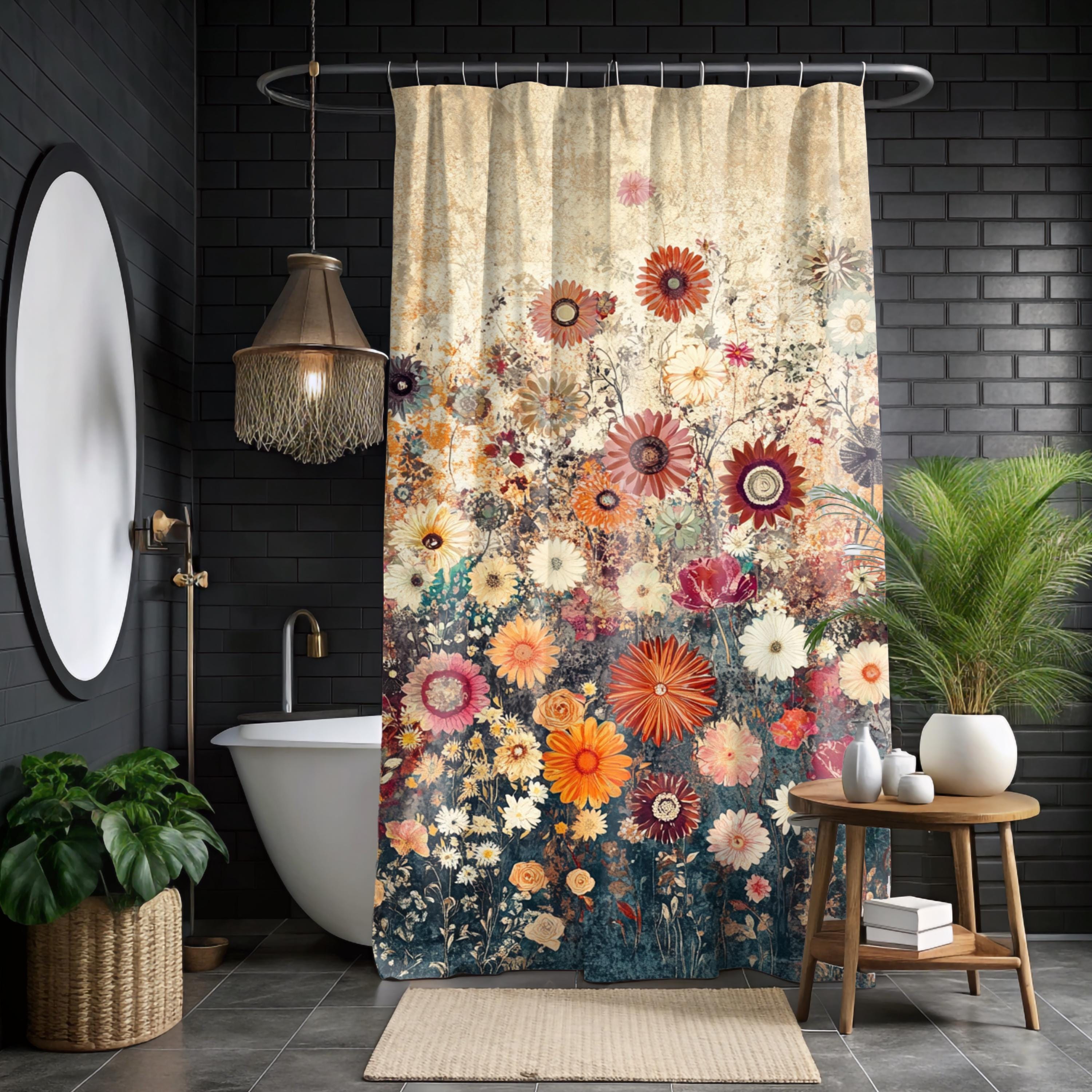 Batik Floral Shower Curtain, Vibrant Botanical Bathroom Decor, Vintage Inspired Floral Display, Colorful Garden Bath Panel