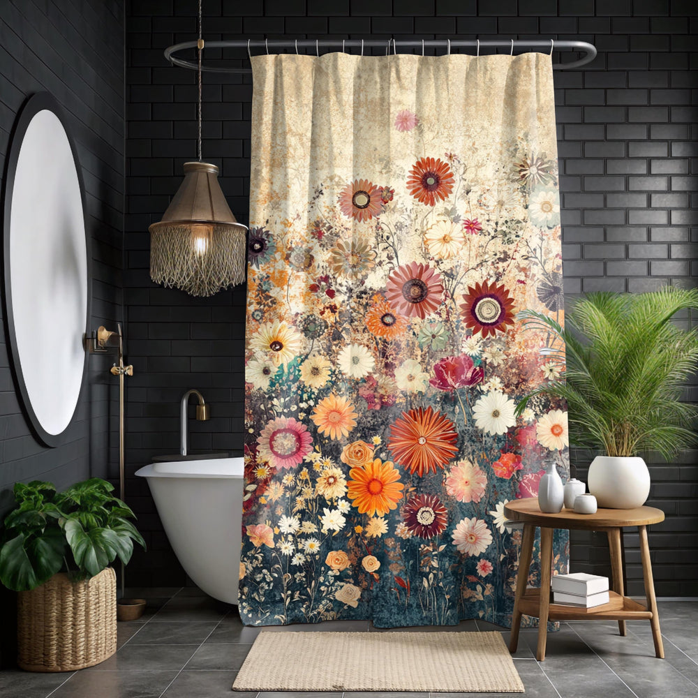 Batik Floral Shower Curtain, Vibrant Botanical Bathroom Decor, Vintage Inspired Floral Display, Colorful Garden Bath Panel