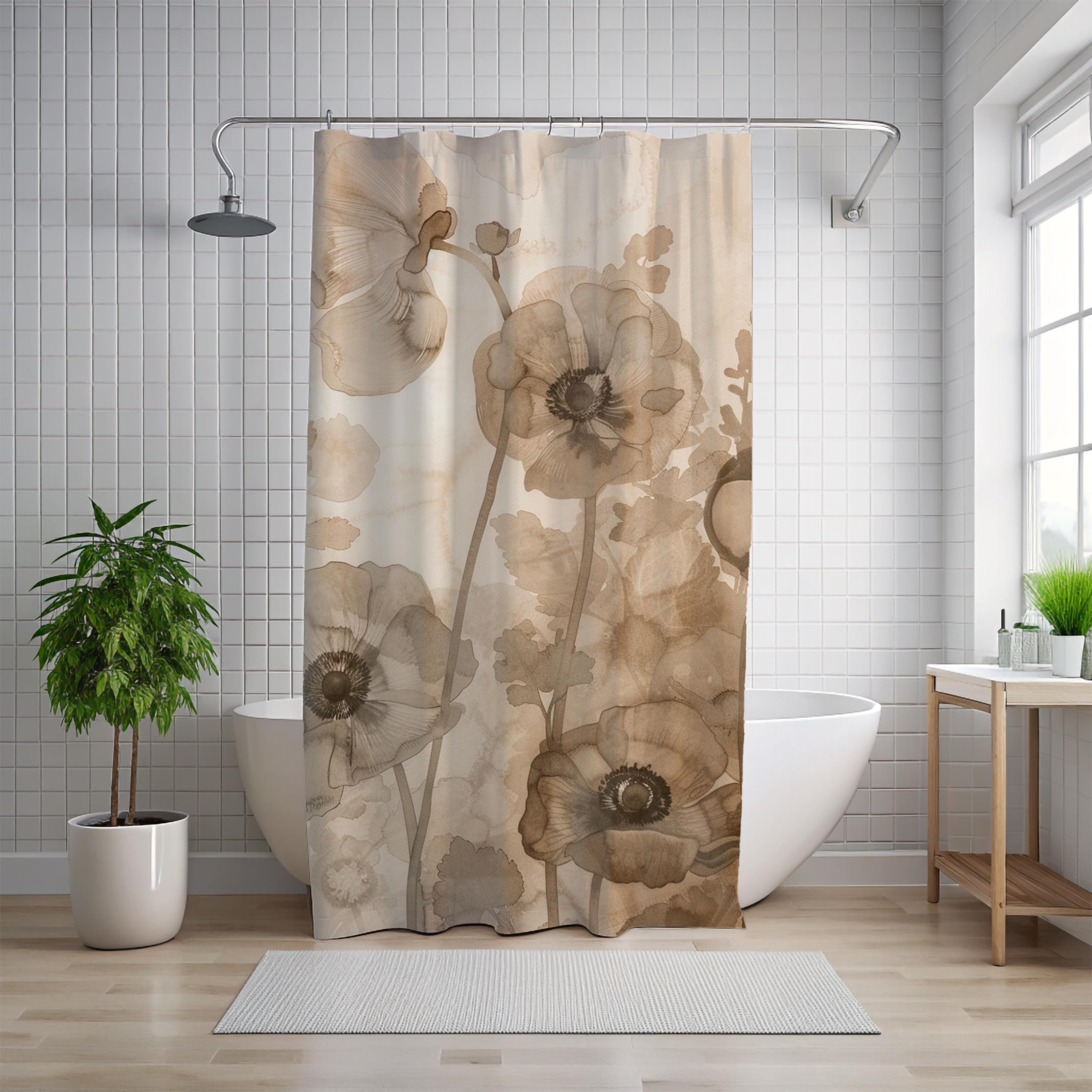 Neutral Poppy Floral Shower Curtain, Sepia Botanical Bathroom Decor, Soft Watercolor Flower Curtain, Elegant Nature Inspired Bath Display