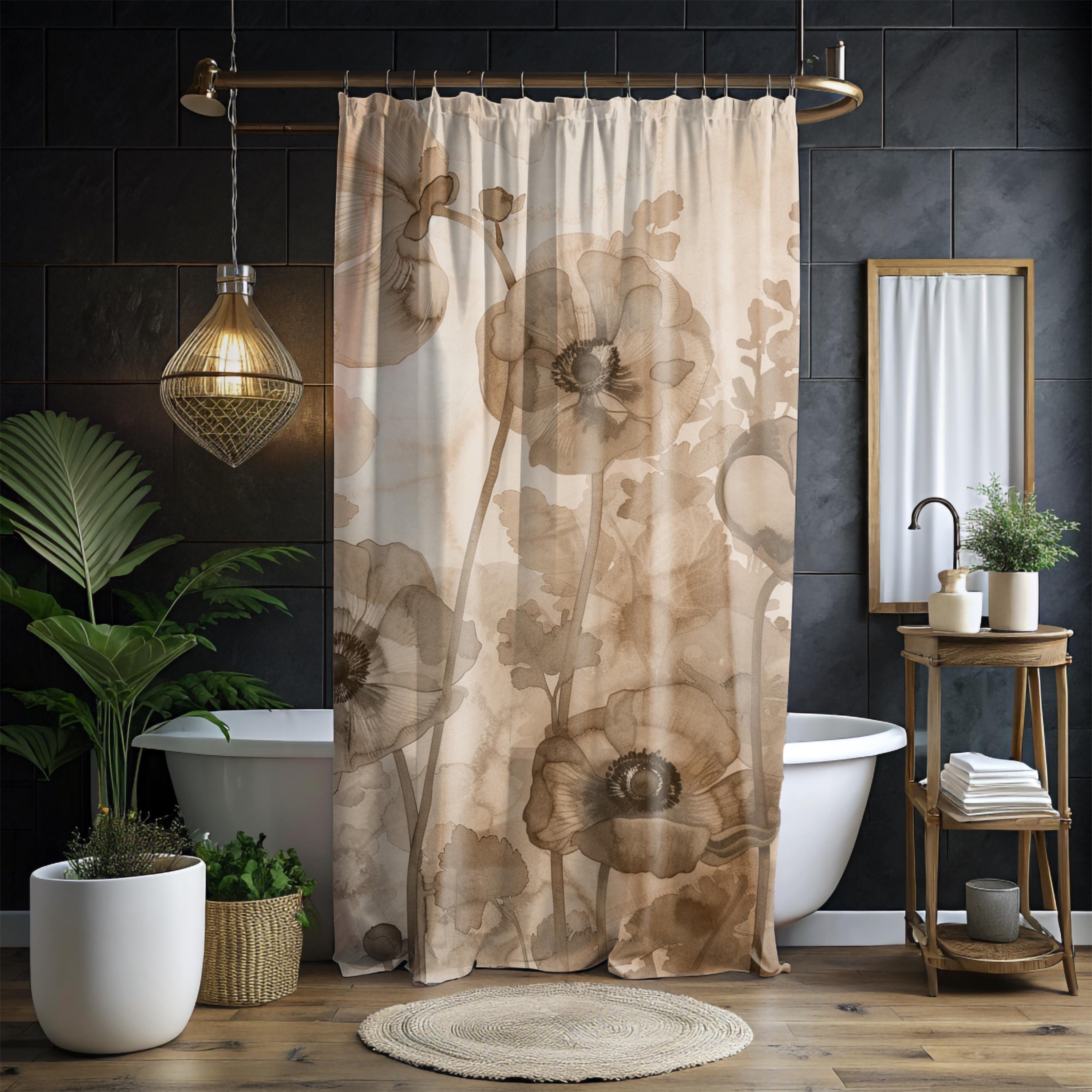 Neutral Poppy Floral Shower Curtain, Sepia Botanical Bathroom Decor, Soft Watercolor Flower Curtain, Elegant Nature Inspired Bath Display