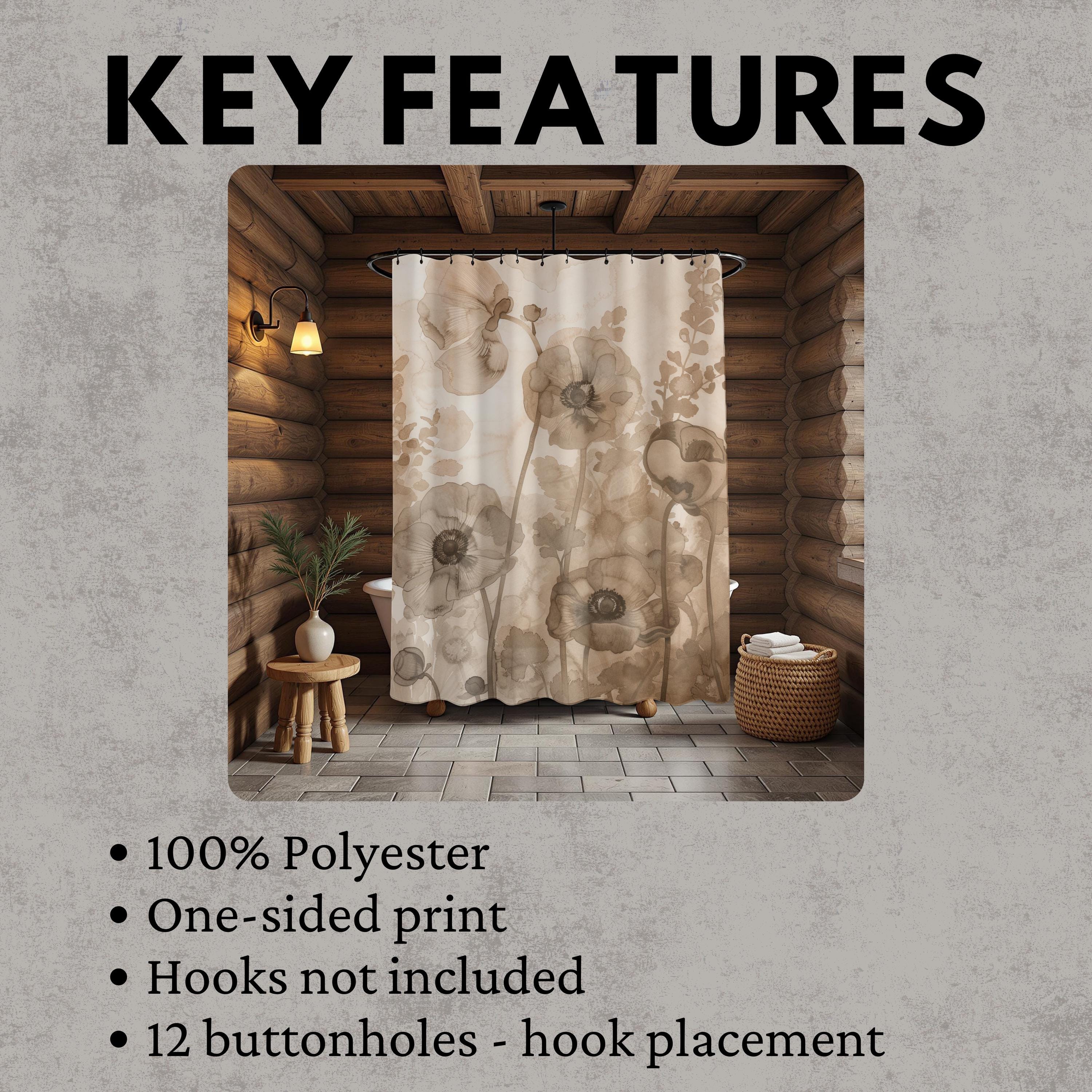 Neutral Poppy Floral Shower Curtain, Sepia Botanical Bathroom Decor, Soft Watercolor Flower Curtain, Elegant Nature Inspired Bath Display