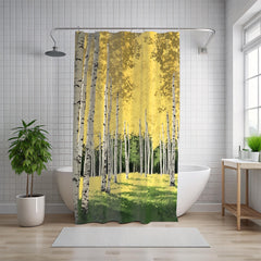 Aspen Forest Shower Curtain, Nature Bathroom Decor, Golden Woodland Landscape Display, Bright Forest Bath Panel,