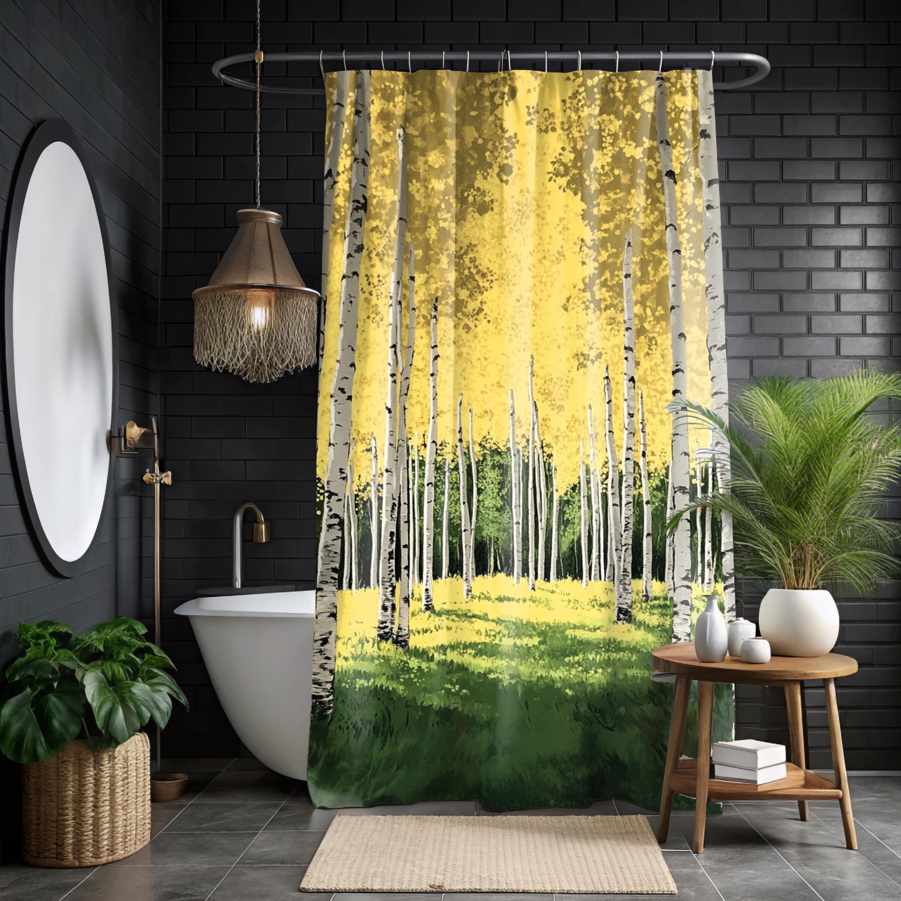 Aspen Forest Shower Curtain, Nature Bathroom Decor, Golden Woodland Landscape Display, Bright Forest Bath Panel,