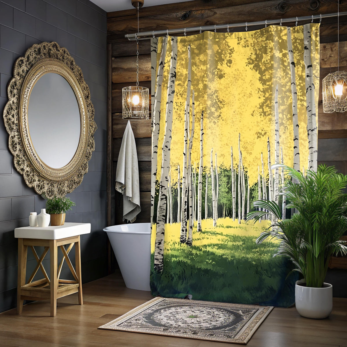 Aspen Forest Shower Curtain, Nature Bathroom Decor, Golden Woodland Landscape Display, Bright Forest Bath Panel,