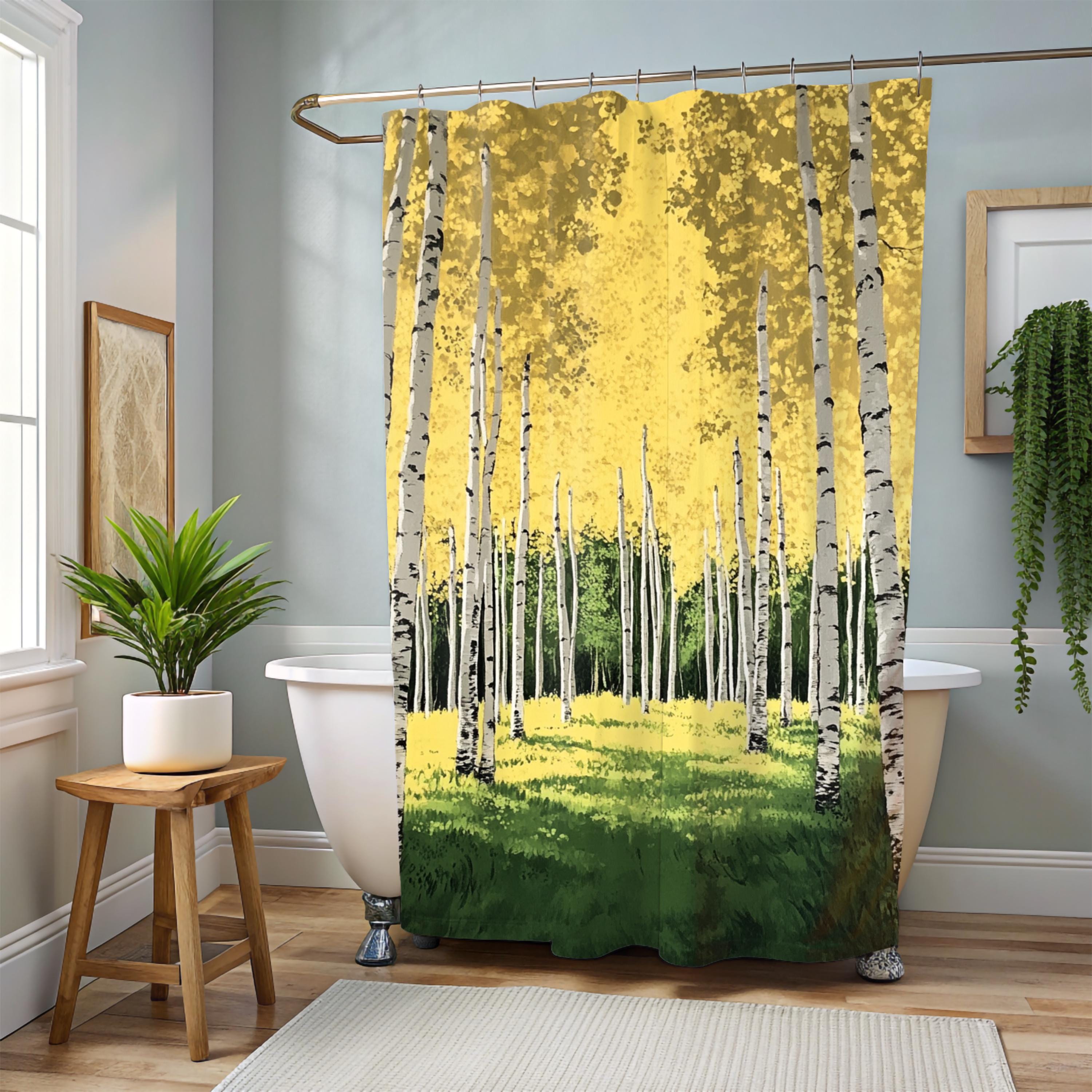 Aspen Forest Shower Curtain, Nature Bathroom Decor, Golden Woodland Landscape Display, Bright Forest Bath Panel,