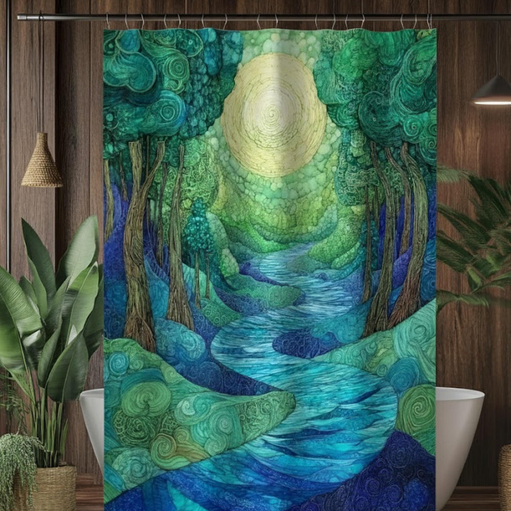 Enchanted River Shower Curtain, Blue Forest Bathroom Decor, Mystical Woodland Display, Artistic Nature Inspired Bath Panel