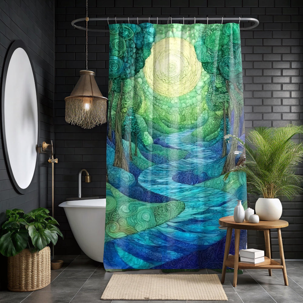 Enchanted River Shower Curtain, Blue Forest Bathroom Decor, Mystical Woodland Display, Artistic Nature Inspired Bath Panel