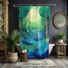Enchanted River Shower Curtain, Blue Forest Bathroom Decor, Mystical Woodland Display, Artistic Nature Inspired Bath Panel