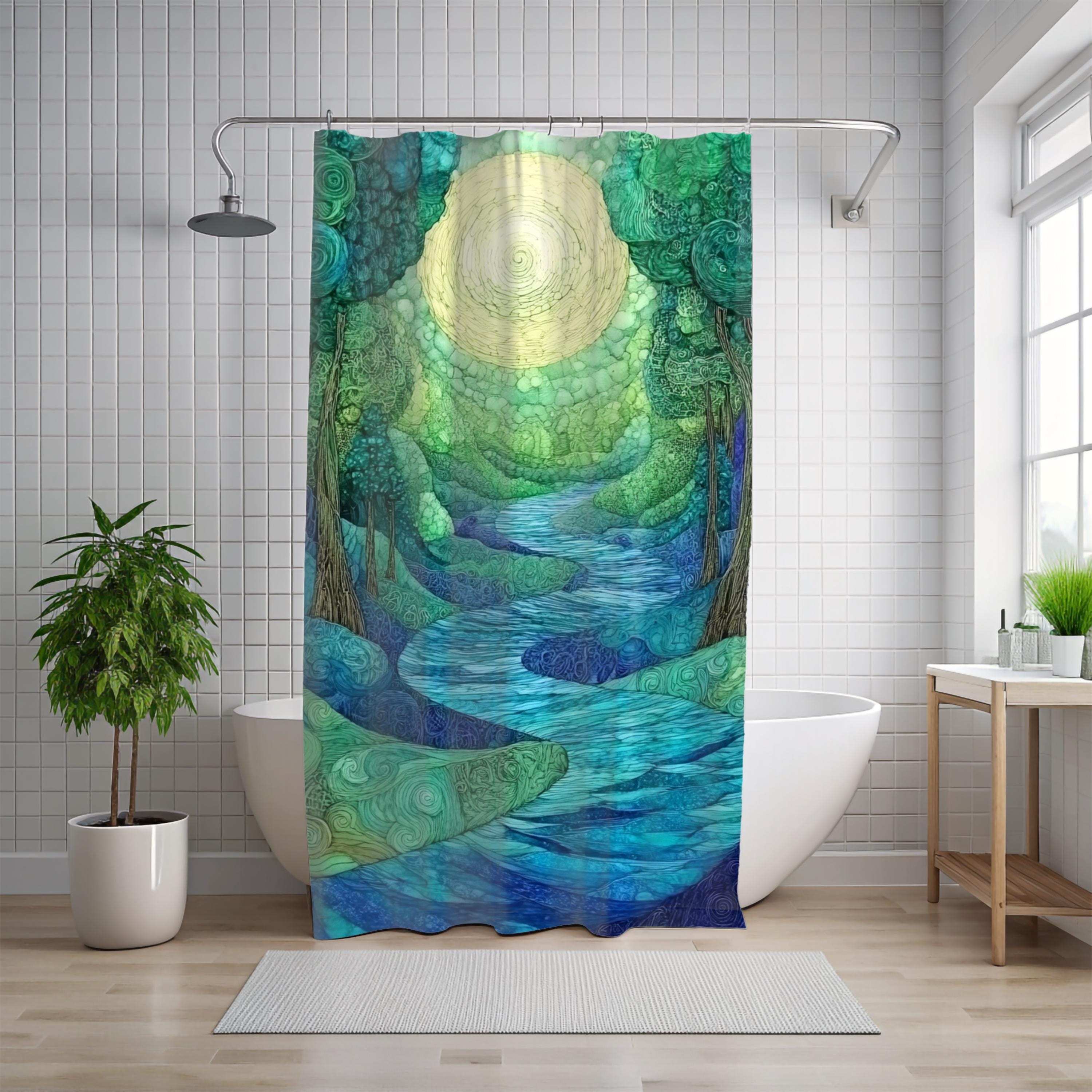 Enchanted River Shower Curtain, Blue Forest Bathroom Decor, Mystical Woodland Display, Artistic Nature Inspired Bath Panel