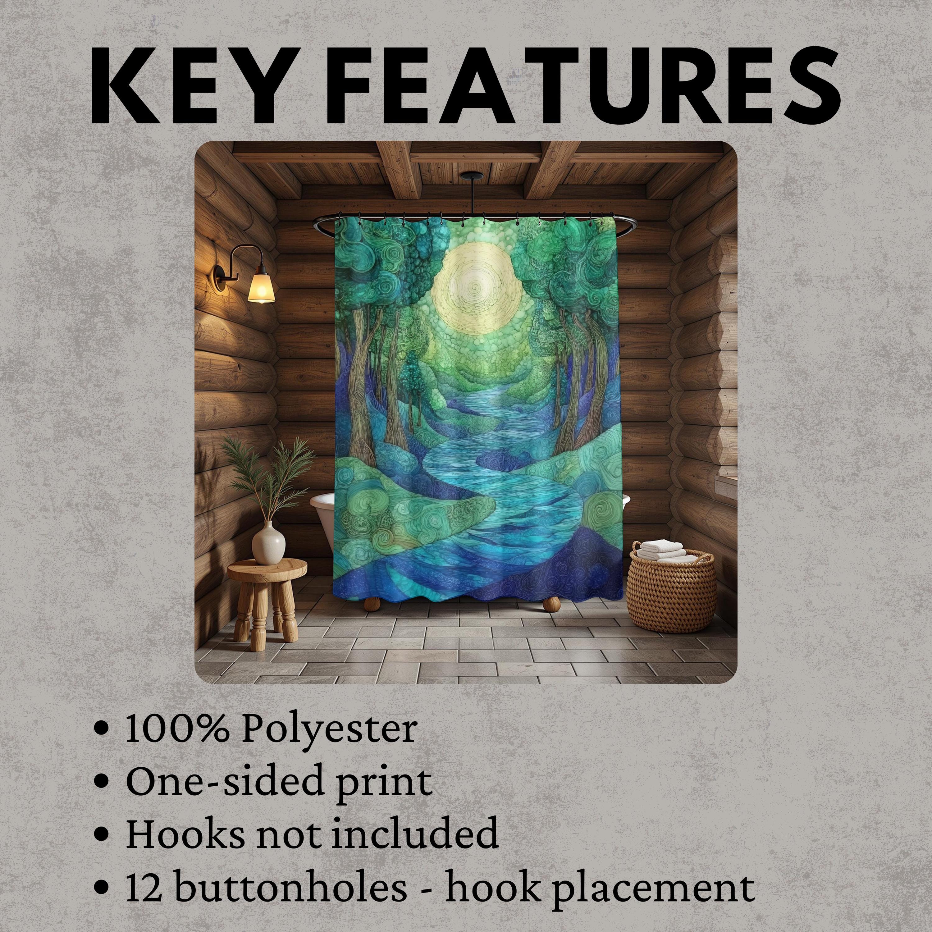 Enchanted River Shower Curtain, Blue Forest Bathroom Decor, Mystical Woodland Display, Artistic Nature Inspired Bath Panel