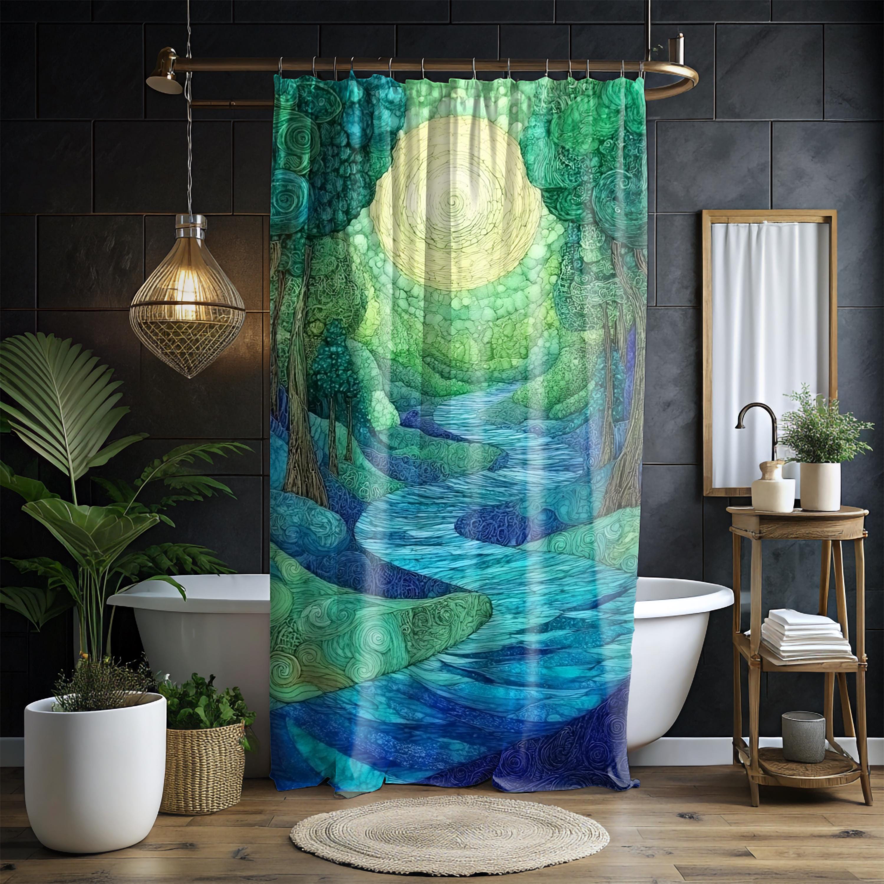 Enchanted River Shower Curtain, Blue Forest Bathroom Decor, Mystical Woodland Display, Artistic Nature Inspired Bath Panel