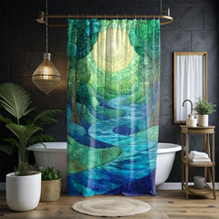 Enchanted River Shower Curtain, Blue Forest Bathroom Decor, Mystical Woodland Display, Artistic Nature Inspired Bath Panel