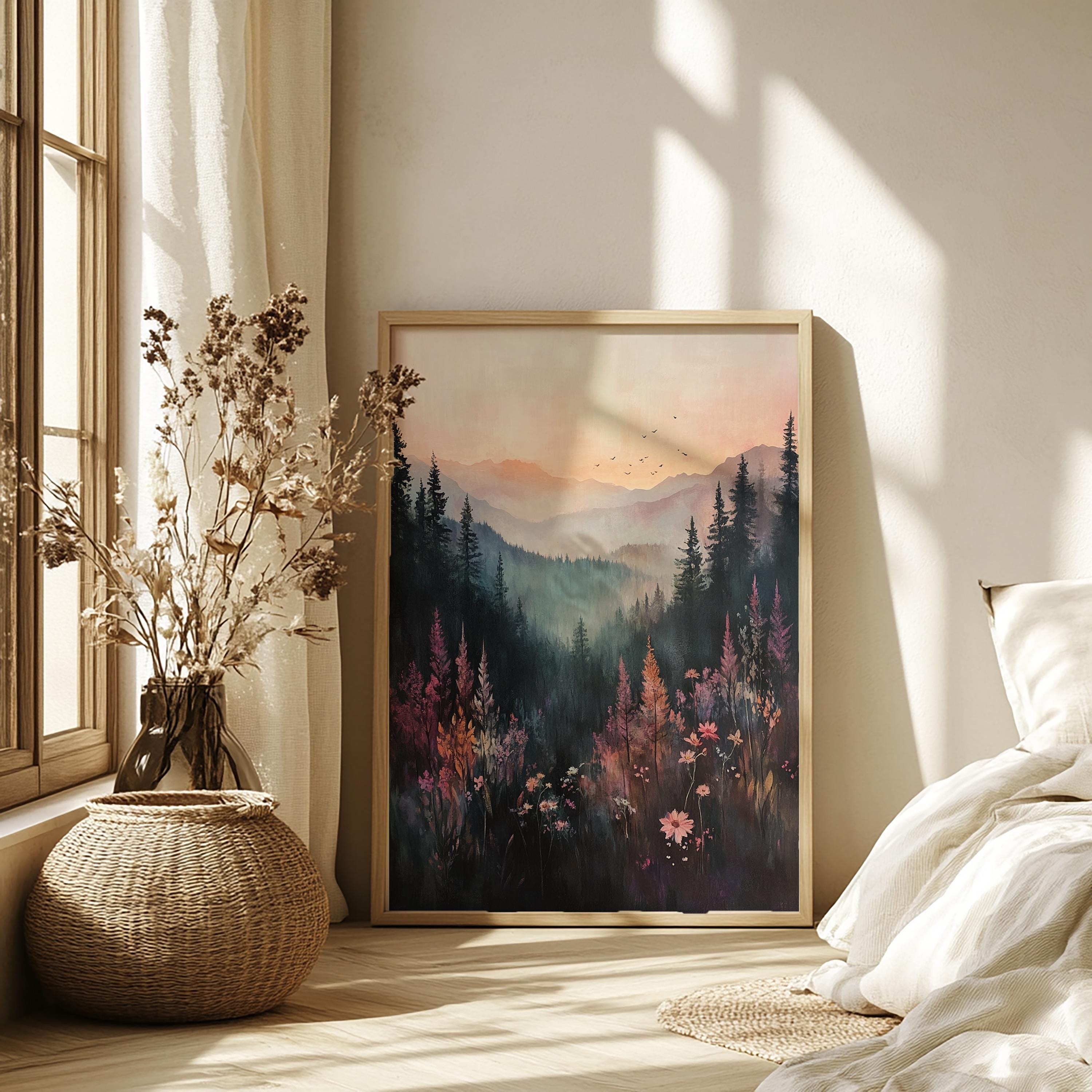 Moody Mountain Wall Art, Misty Forest Valley Canvas, Wildflower Landscape Print, Nature Wall Decor, Elegant Home Accent