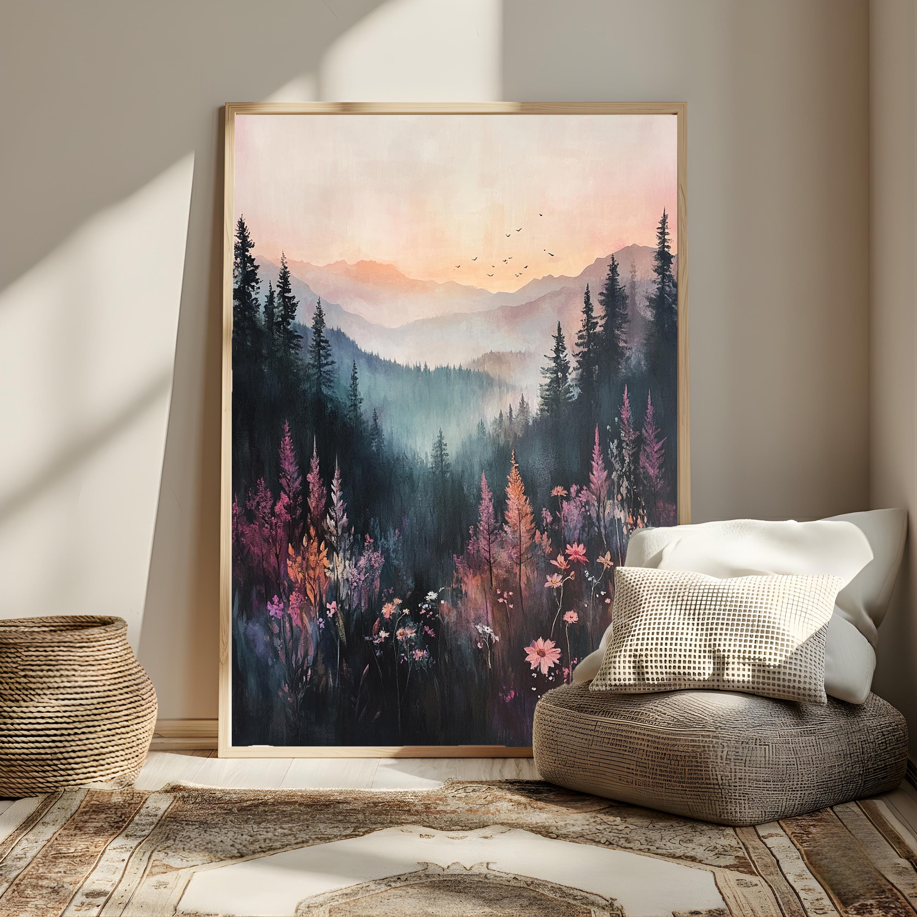 Moody Mountain Wall Art, Misty Forest Valley Canvas, Wildflower Landscape Print, Nature Wall Decor, Elegant Home Accent