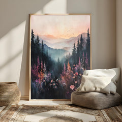 Moody Mountain Wall Art, Misty Forest Valley Canvas, Wildflower Landscape Print, Nature Wall Decor, Elegant Home Accent