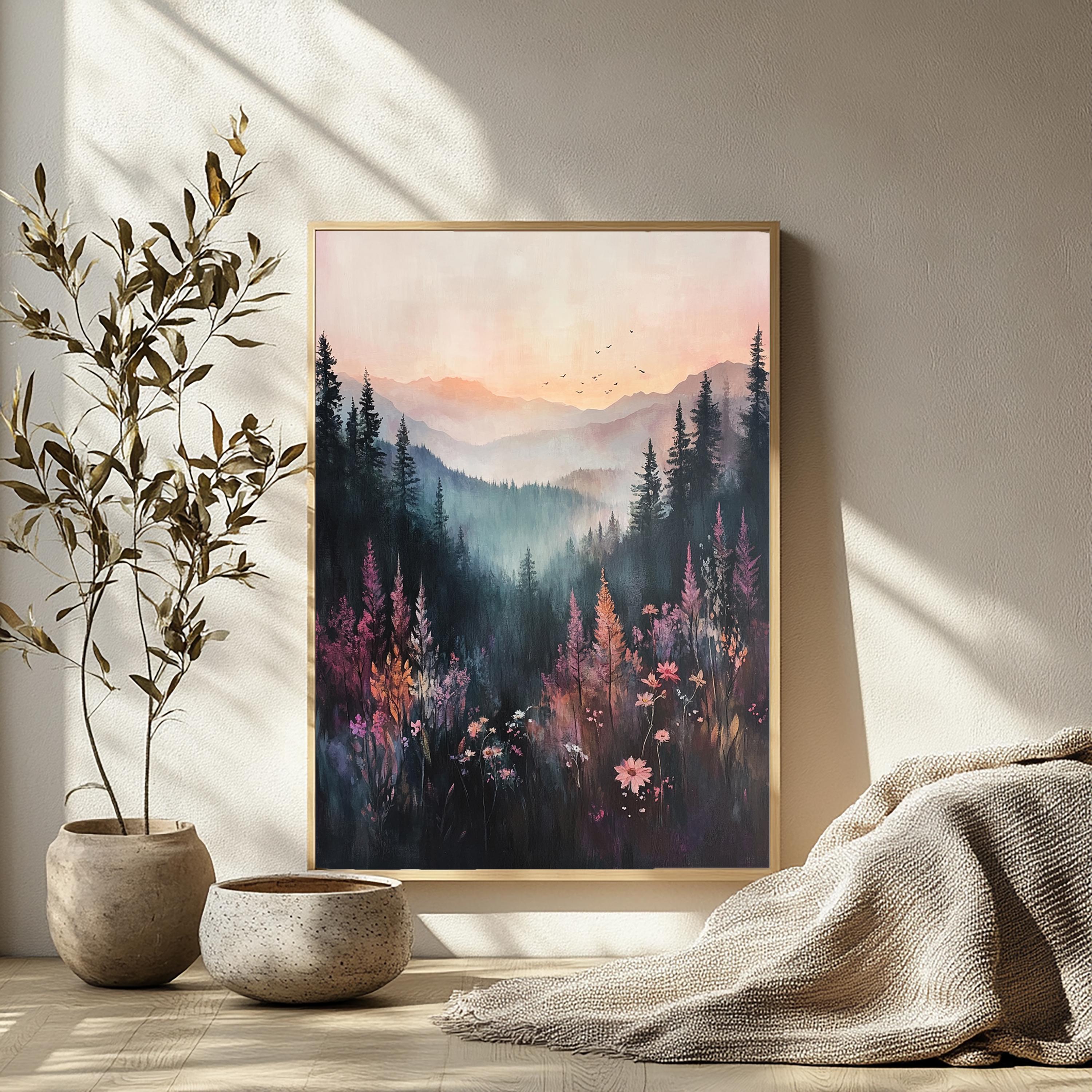Moody Mountain Wall Art, Misty Forest Valley Canvas, Wildflower Landscape Print, Nature Wall Decor, Elegant Home Accent