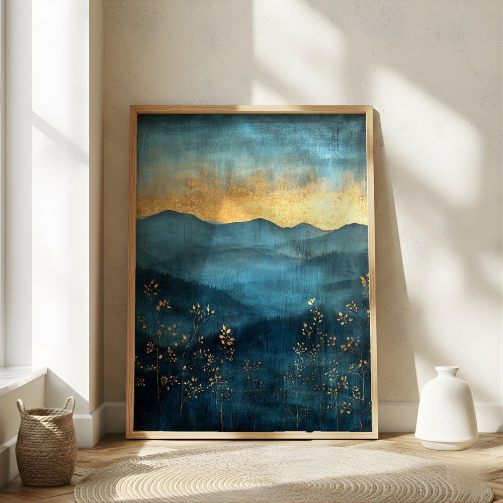 Moody Mountain Wall Art, Blue Mist Valley Canvas, Golden Horizon Landscape Print, Nature Wall Decor, Elegant Home Accent