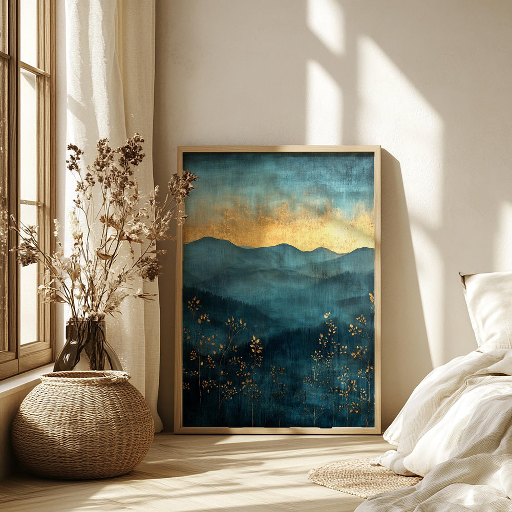 Moody Mountain Wall Art, Blue Mist Valley Canvas, Golden Horizon Landscape Print, Nature Wall Decor, Elegant Home Accent