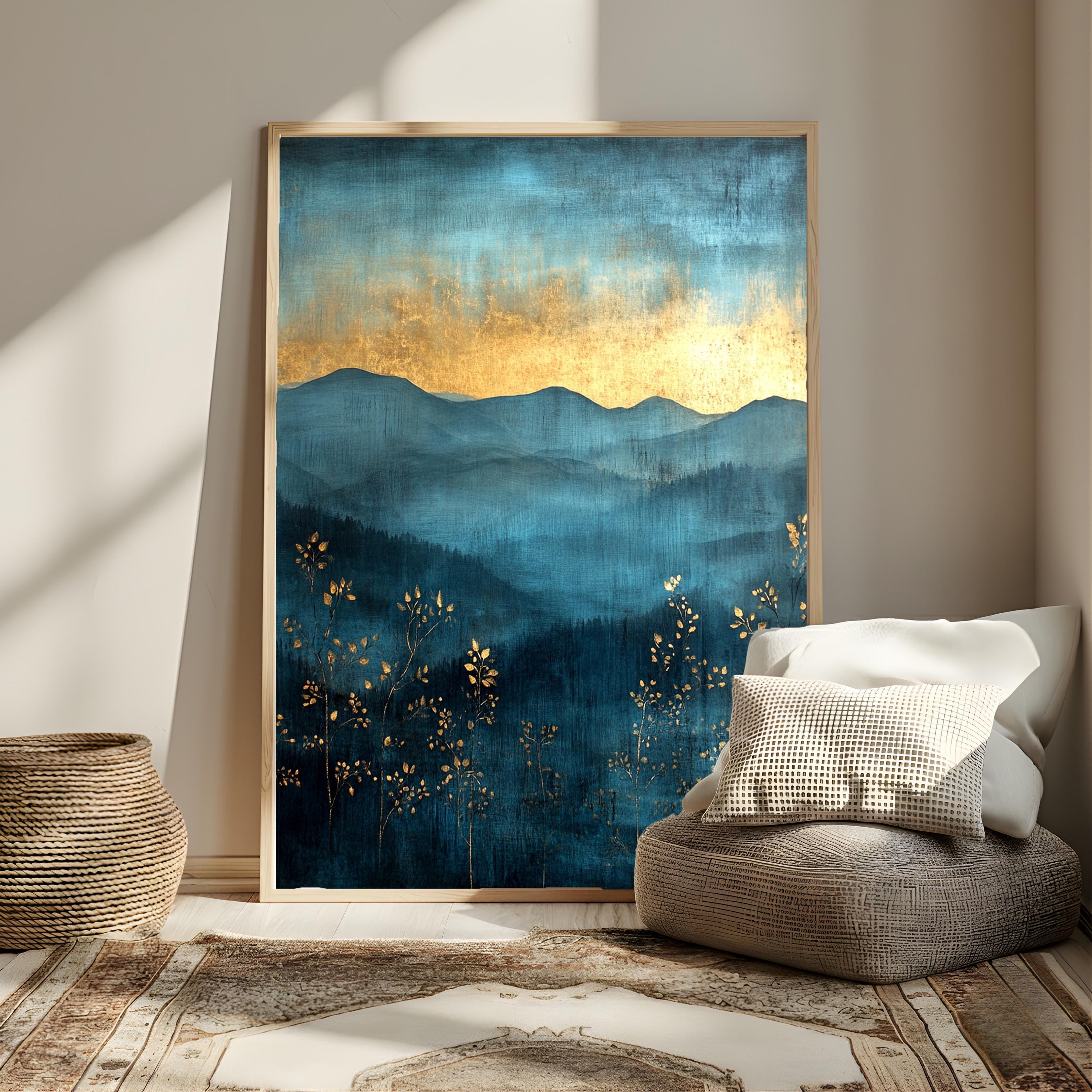 Moody Mountain Wall Art, Blue Mist Valley Canvas, Golden Horizon Landscape Print, Nature Wall Decor, Elegant Home Accent