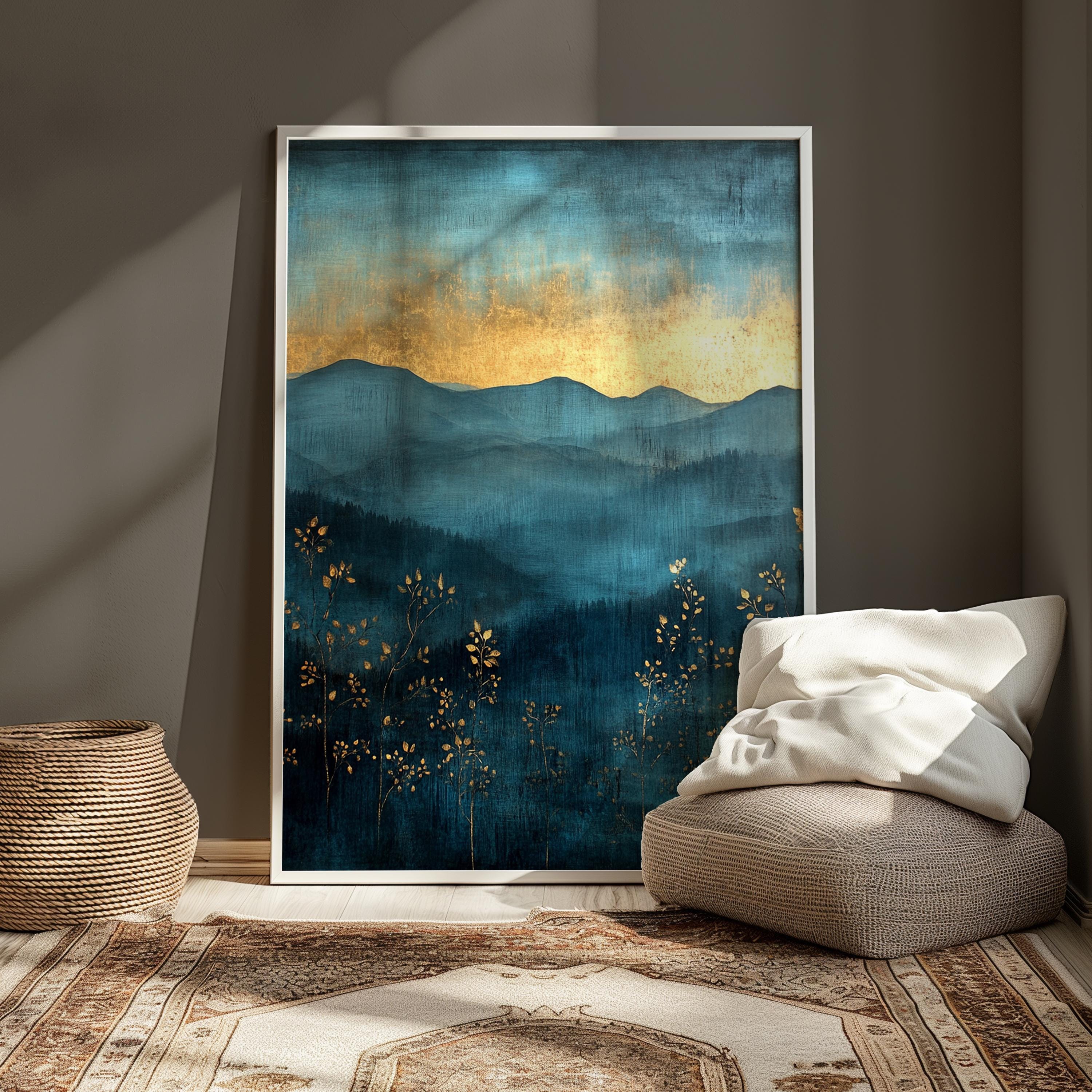 Moody Mountain Wall Art, Blue Mist Valley Canvas, Golden Horizon Landscape Print, Nature Wall Decor, Elegant Home Accent