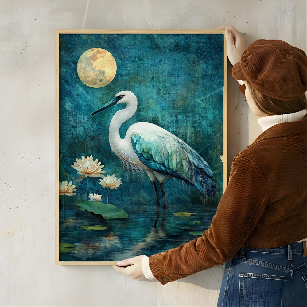 Mystical Heron Wall Art, Moonlit Lotus Pond Canvas, Blue Bird Landscape Print, Nature Wall Decor, Serene Home Accent