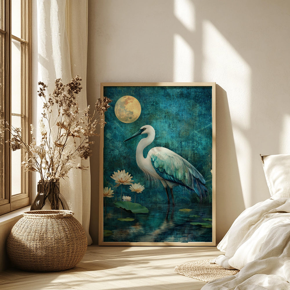 Mystical Heron Wall Art, Moonlit Lotus Pond Canvas, Blue Bird Landscape Print, Nature Wall Decor, Serene Home Accent