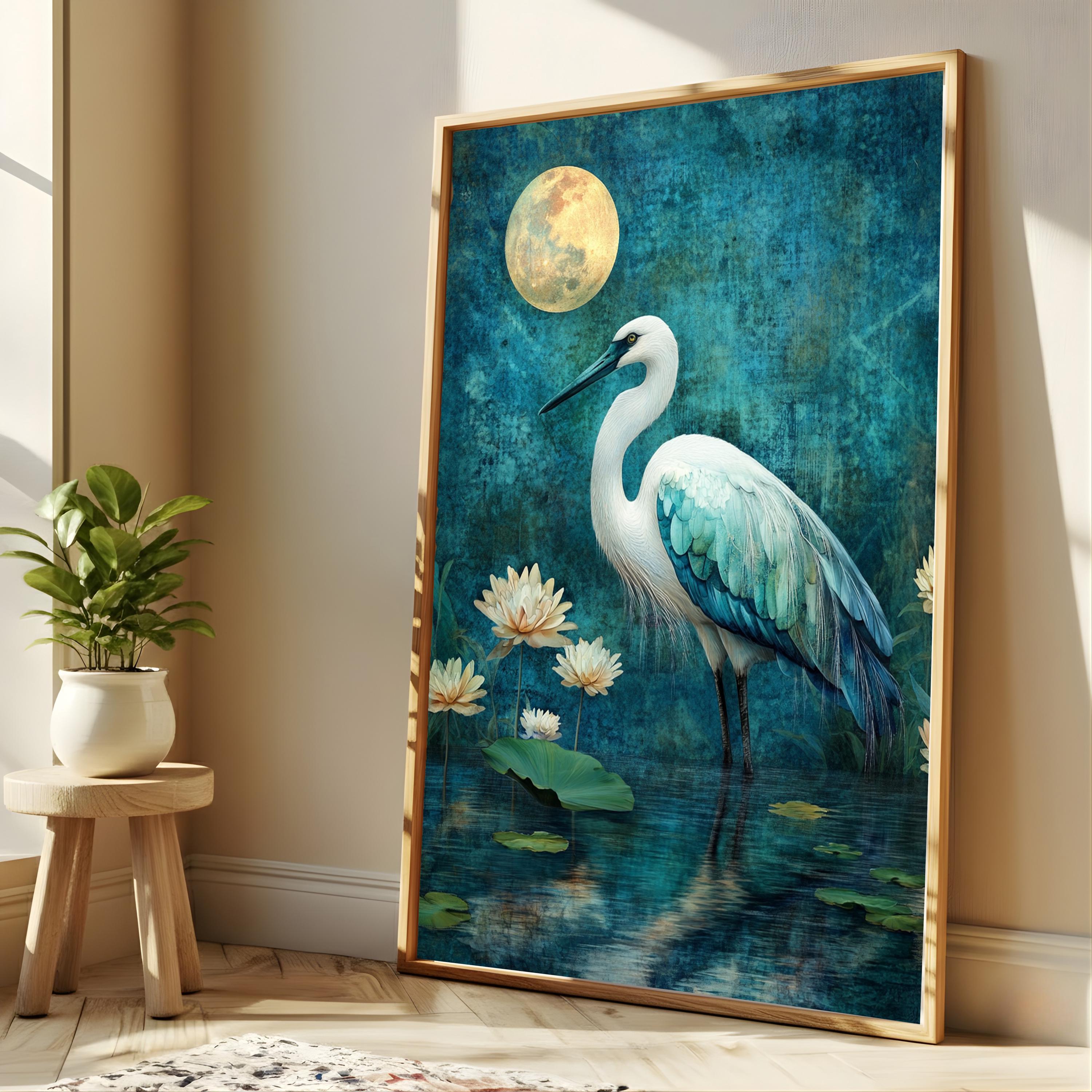 Mystical Heron Wall Art, Moonlit Lotus Pond Canvas, Blue Bird Landscape Print, Nature Wall Decor, Serene Home Accent