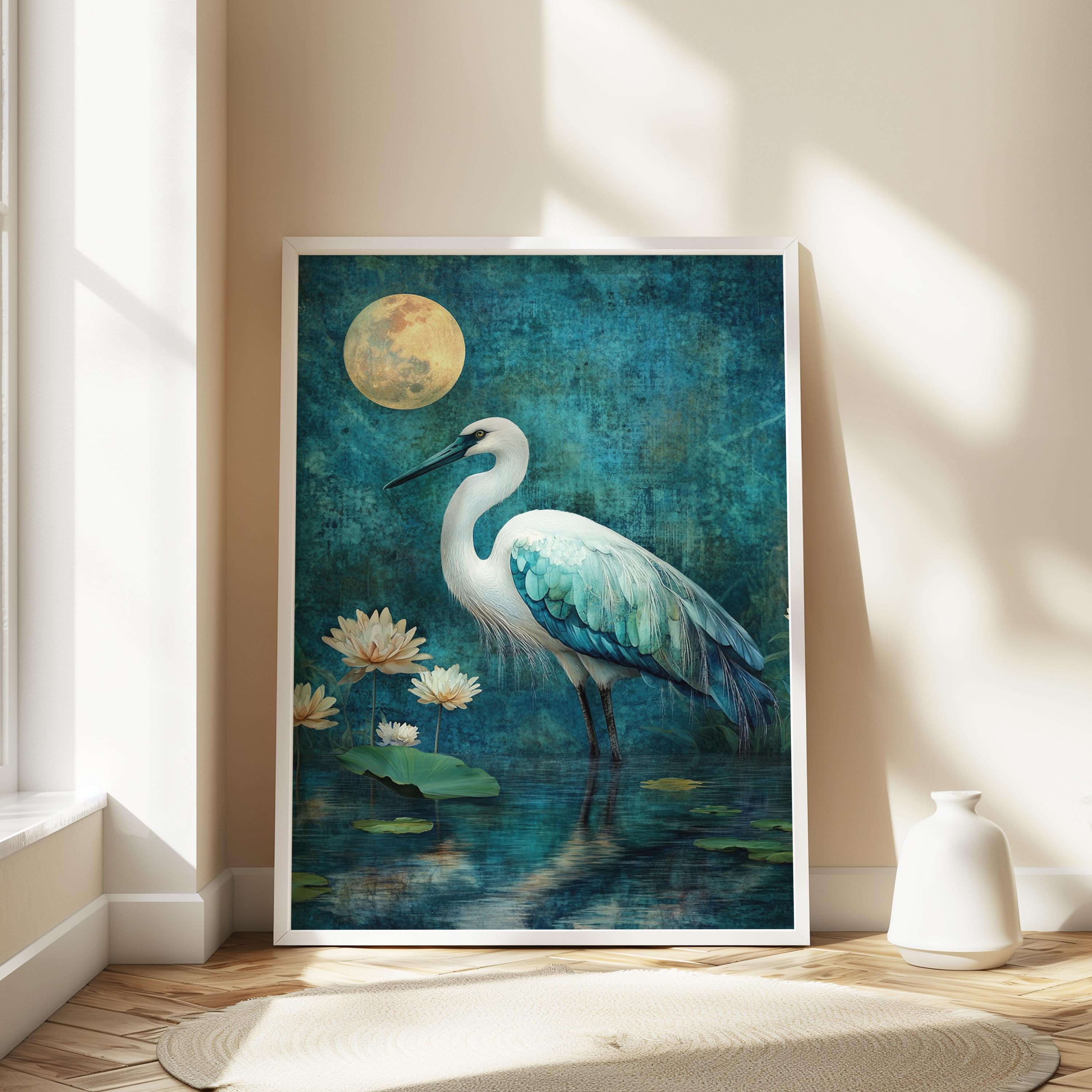 Mystical Heron Wall Art, Moonlit Lotus Pond Canvas, Blue Bird Landscape Print, Nature Wall Decor, Serene Home Accent