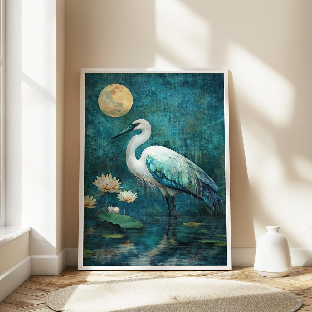 Mystical Heron Wall Art, Moonlit Lotus Pond Canvas, Blue Bird Landscape Print, Nature Wall Decor, Serene Home Accent