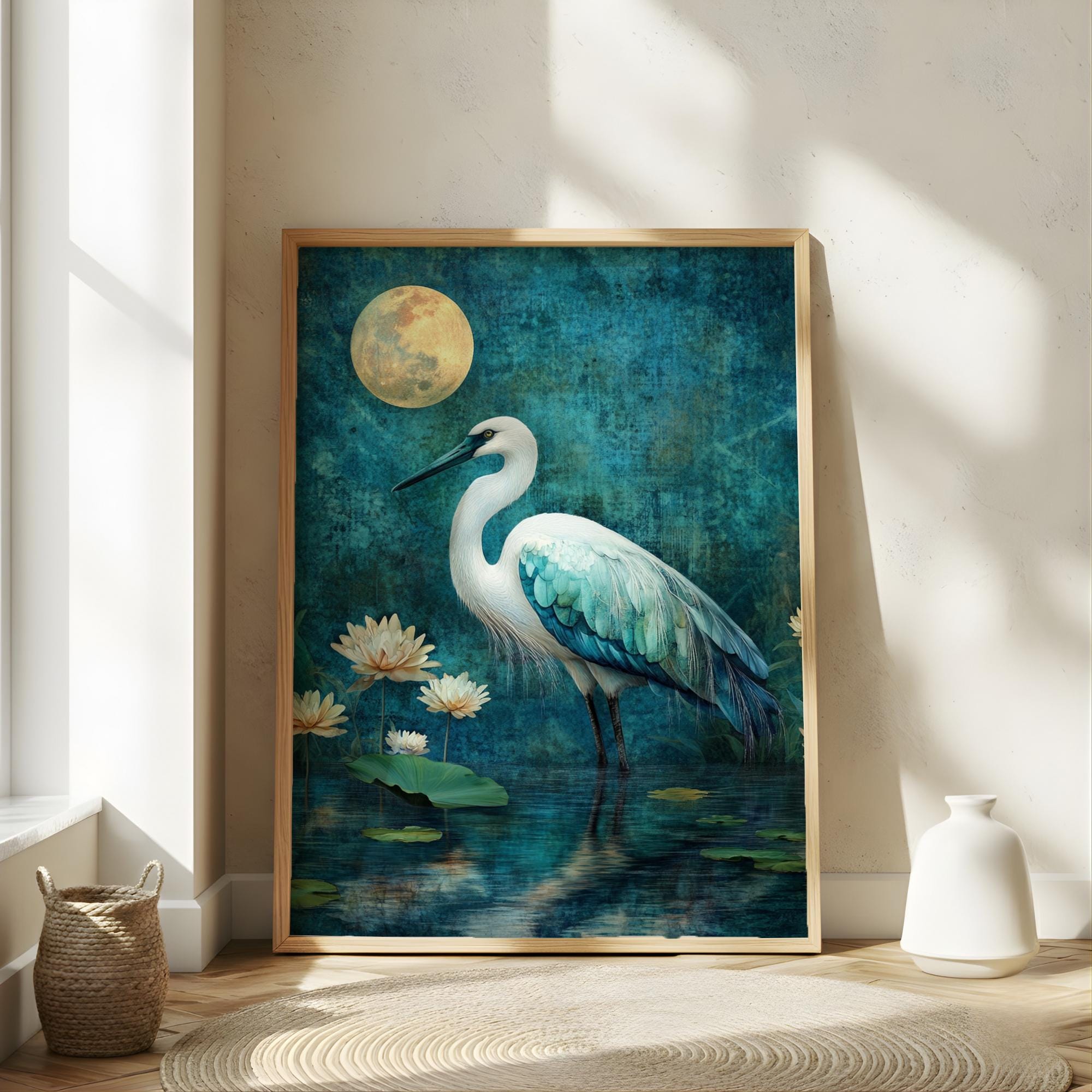Mystical Heron Wall Art, Moonlit Lotus Pond Canvas, Blue Bird Landscape Print, Nature Wall Decor, Serene Home Accent