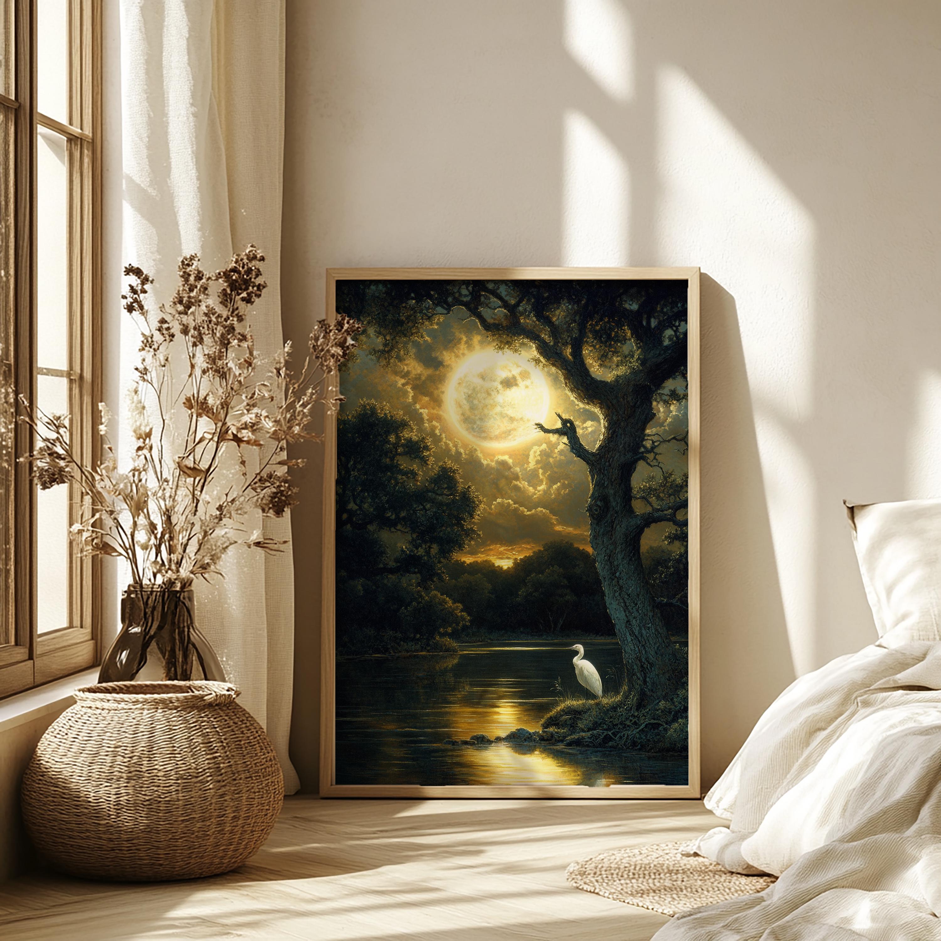 Mystical Moonlit Wall Art, Golden Full Moon River Canvas, White Heron Night Landscape Print, Nature Wall Decor, Serene Home Accent
