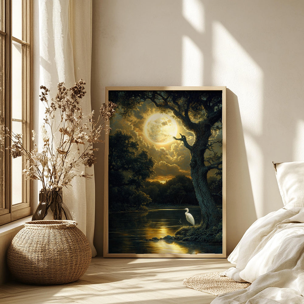 Mystical Moonlit Wall Art, Golden Full Moon River Canvas, White Heron Night Landscape Print, Nature Wall Decor, Serene Home Accent