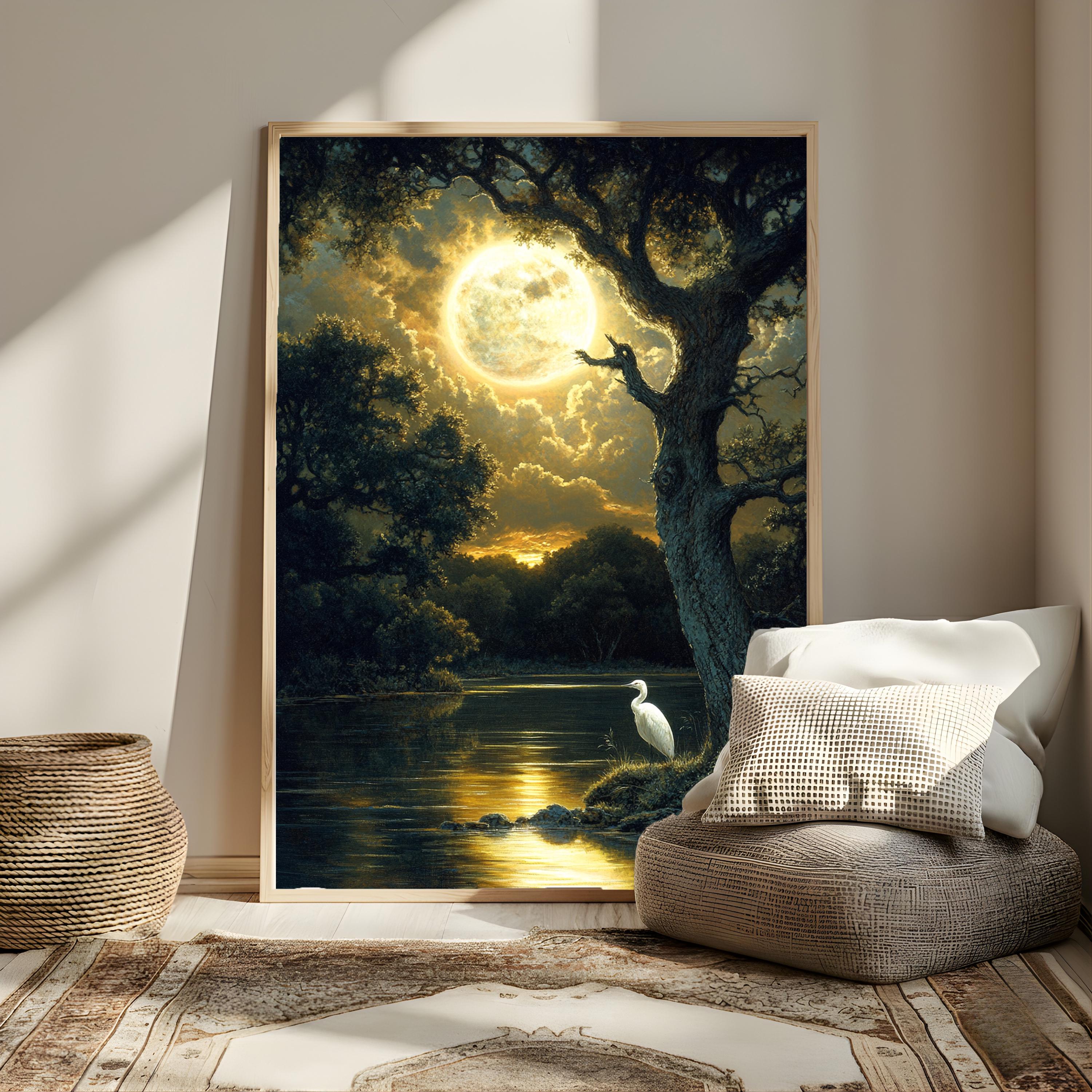 Mystical Moonlit Wall Art, Golden Full Moon River Canvas, White Heron Night Landscape Print, Nature Wall Decor, Serene Home Accent