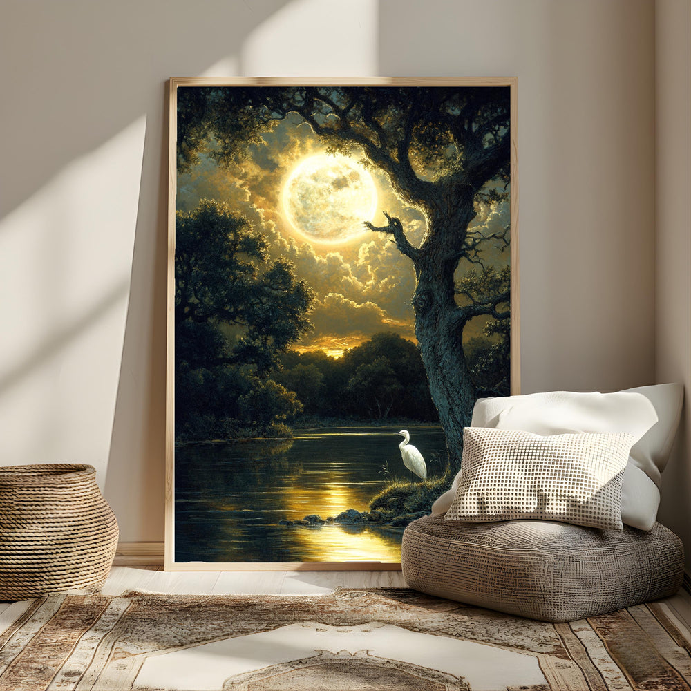 Mystical Moonlit Wall Art, Golden Full Moon River Canvas, White Heron Night Landscape Print, Nature Wall Decor, Serene Home Accent
