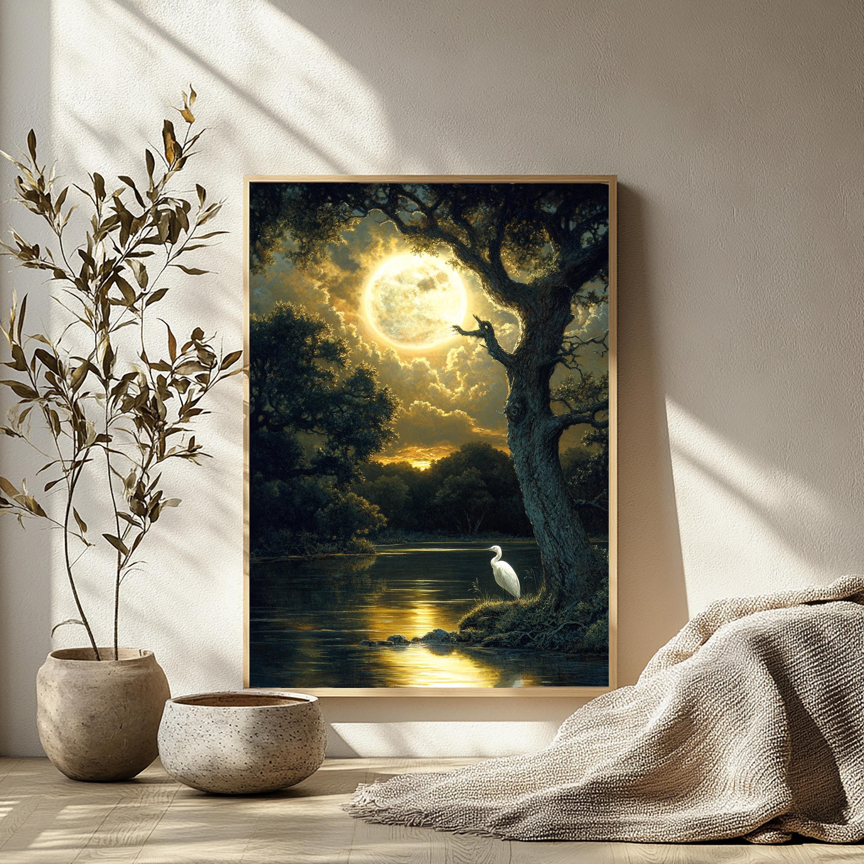 Mystical Moonlit Wall Art, Golden Full Moon River Canvas, White Heron Night Landscape Print, Nature Wall Decor, Serene Home Accent