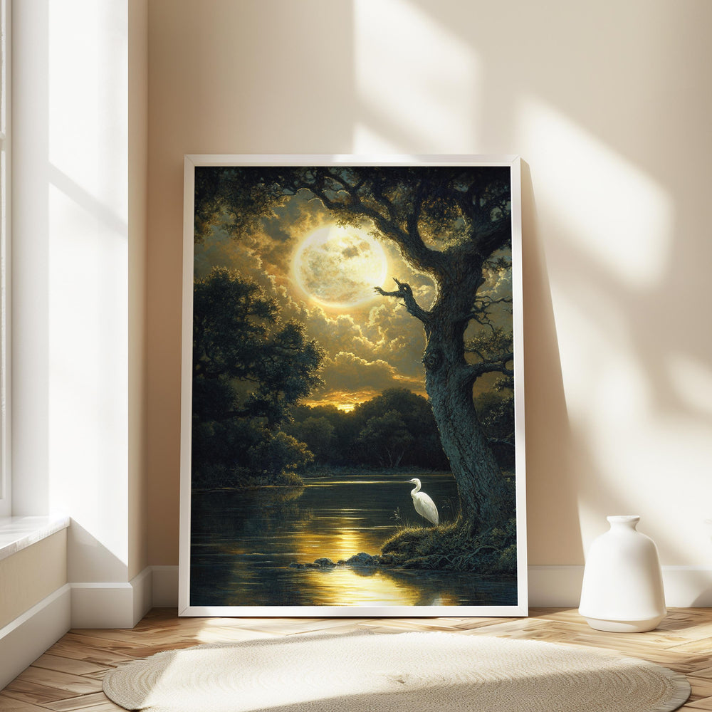 Mystical Moonlit Wall Art, Golden Full Moon River Canvas, White Heron Night Landscape Print, Nature Wall Decor, Serene Home Accent