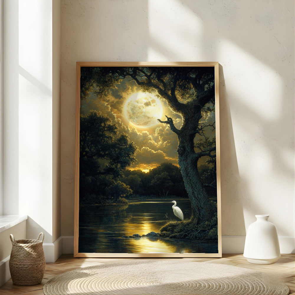 Mystical Moonlit Wall Art, Golden Full Moon River Canvas, White Heron Night Landscape Print, Nature Wall Decor, Serene Home Accent