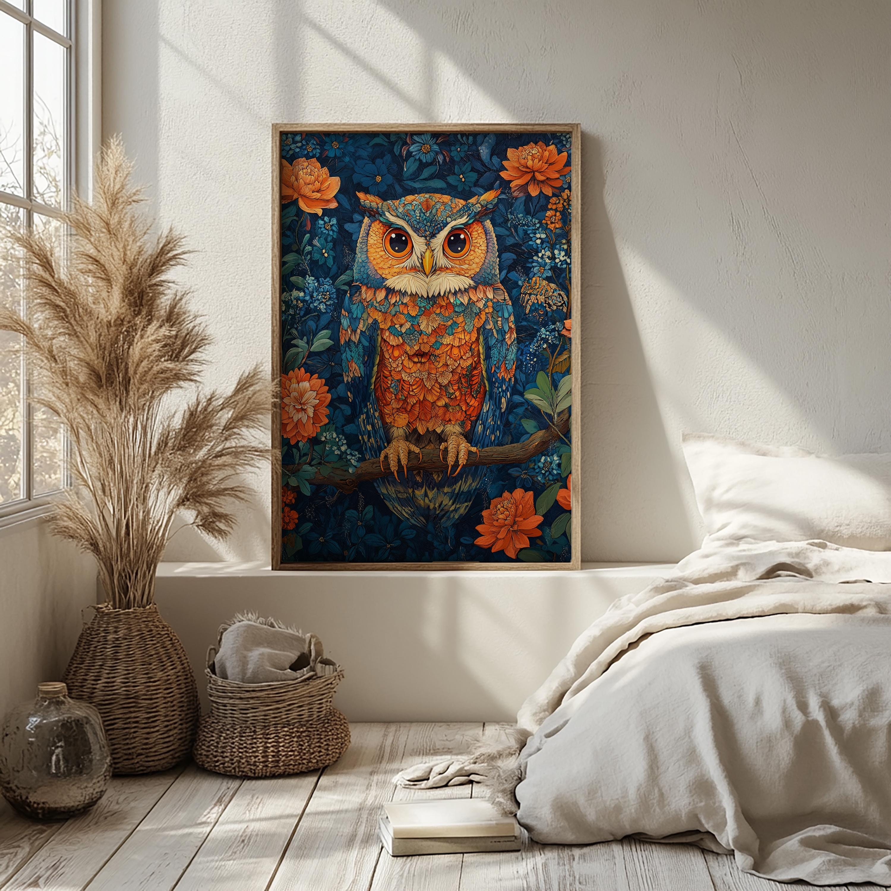 Colorful Owl Wall Art, Botanical Night Bird Canvas, Floral Woodland Illustration Print, Nature Wall Decor, Whimsical Home Accent