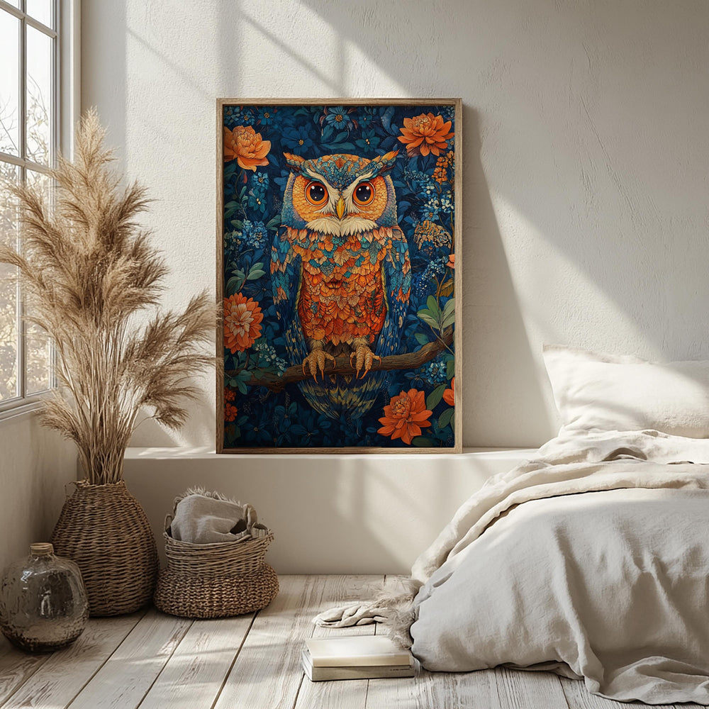 Colorful Owl Wall Art, Botanical Night Bird Canvas, Floral Woodland Illustration Print, Nature Wall Decor, Whimsical Home Accent