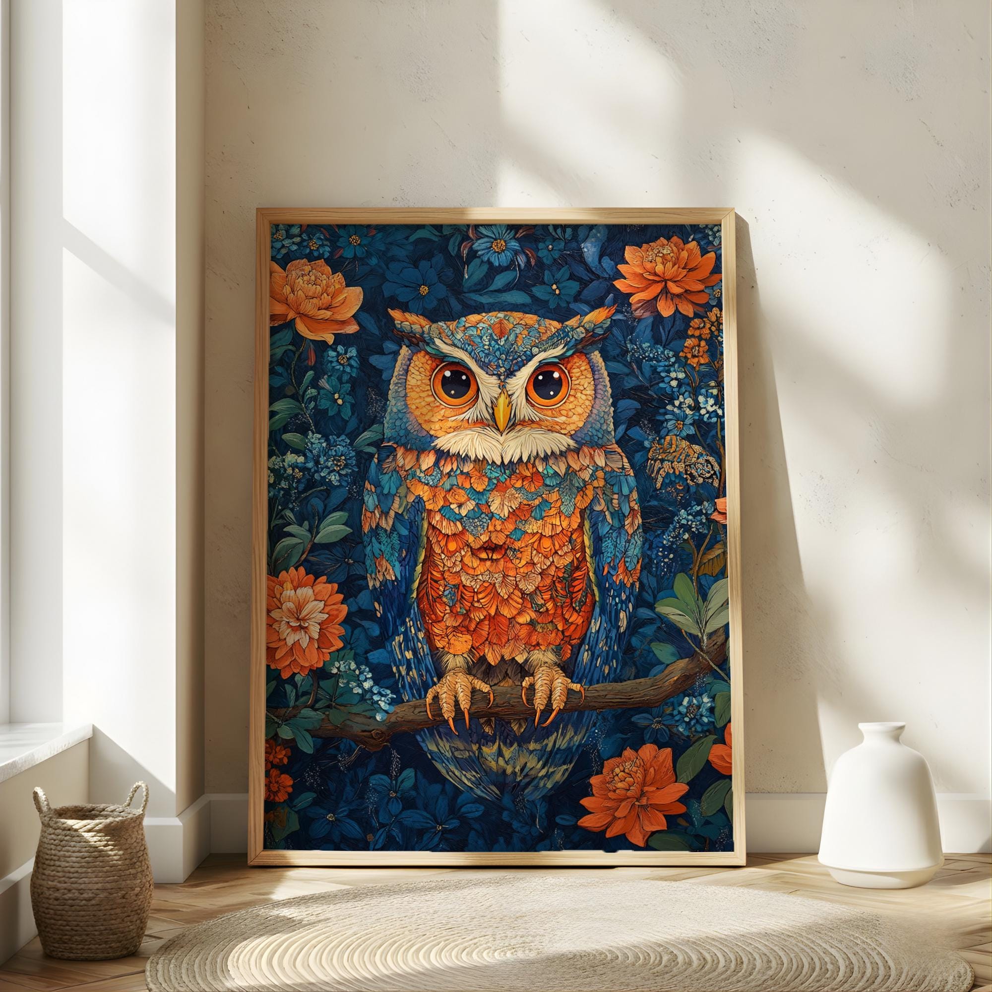 Colorful Owl Wall Art, Botanical Night Bird Canvas, Floral Woodland Illustration Print, Nature Wall Decor, Whimsical Home Accent