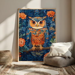 Colorful Owl Wall Art, Botanical Night Bird Canvas, Floral Woodland Illustration Print, Nature Wall Decor, Whimsical Home Accent