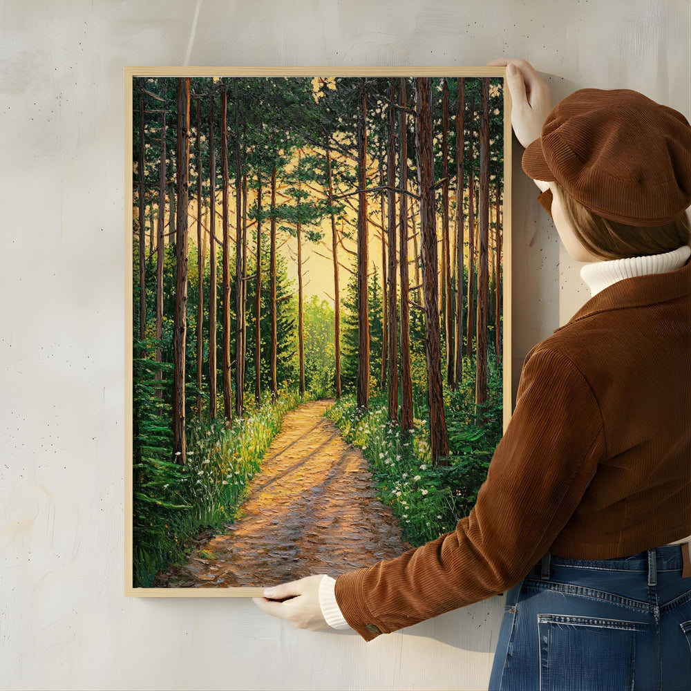 Sunlit Forest Wall Art, Woodland Path Canvas, Golden Tree Landscape Print, Nature Wall Decor, Serene Home Accent
