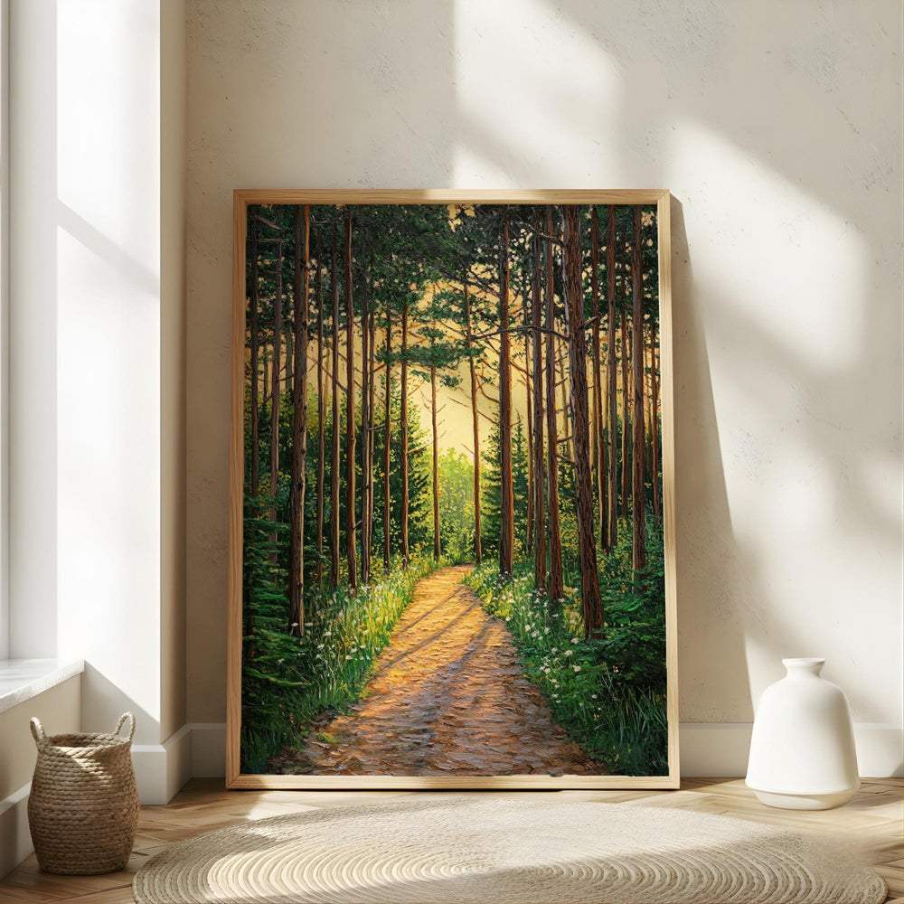 Sunlit Forest Wall Art, Woodland Path Canvas, Golden Tree Landscape Print, Nature Wall Decor, Serene Home Accent