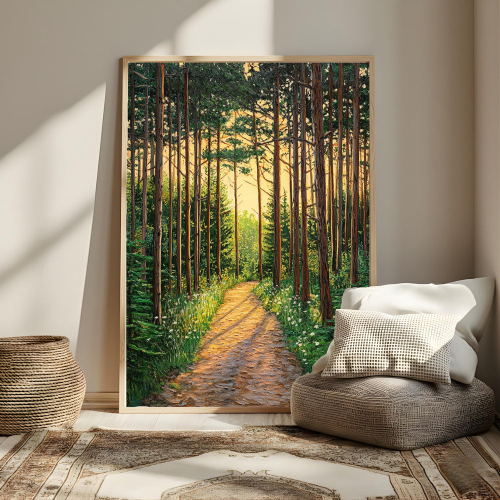 Sunlit Forest Wall Art, Woodland Path Canvas, Golden Tree Landscape Print, Nature Wall Decor, Serene Home Accent
