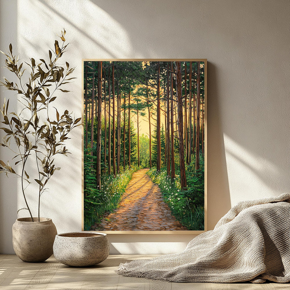 Sunlit Forest Wall Art, Woodland Path Canvas, Golden Tree Landscape Print, Nature Wall Decor, Serene Home Accent